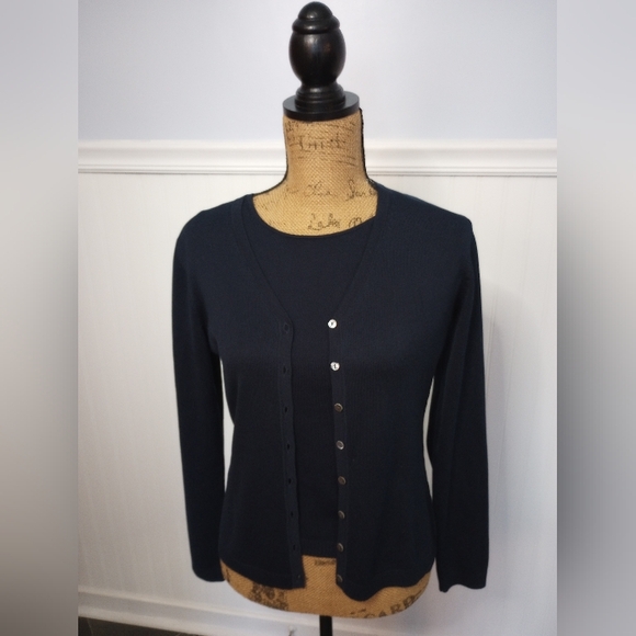 Brooks Brothers Silk Cardigan Twin Sweater Set Women's Navy Blue Button Sz Small - Picture 2 of 11